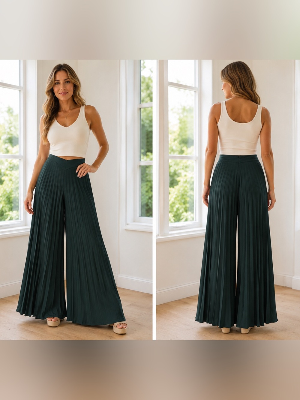 La Couture Emerald Green Pleated Wide-Leg Palazzo Pants